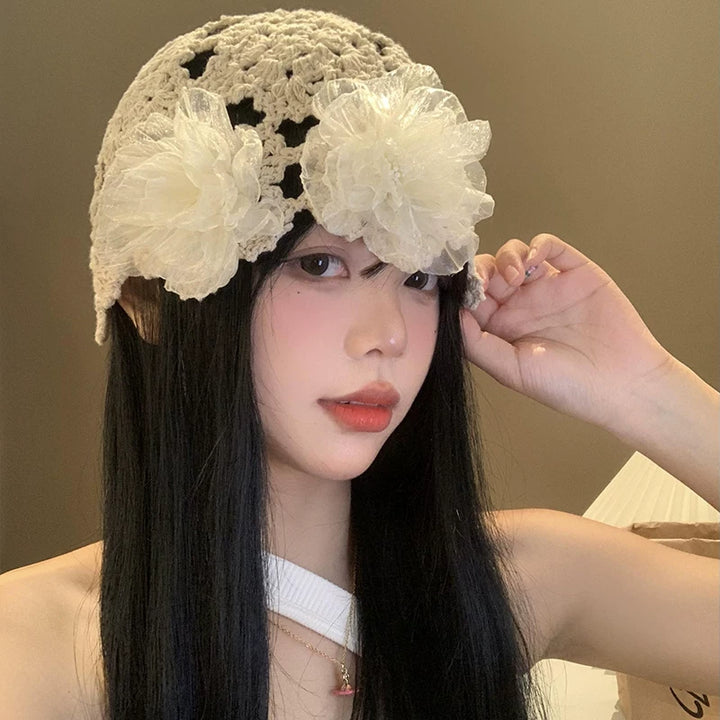 Ivory Floral Crochet Headscarf Hat, product view 1