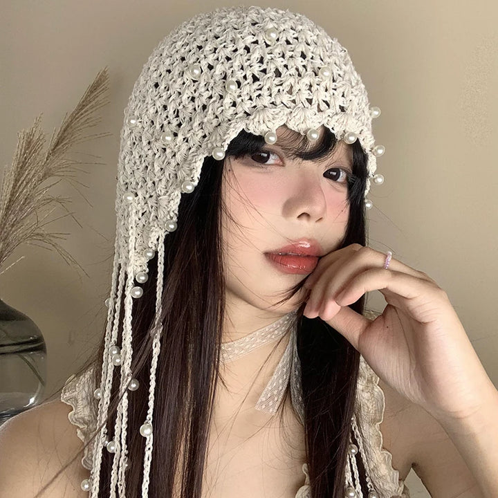 Ivory Pearl Pendant Crochet Headscarf Hat, product view 1
