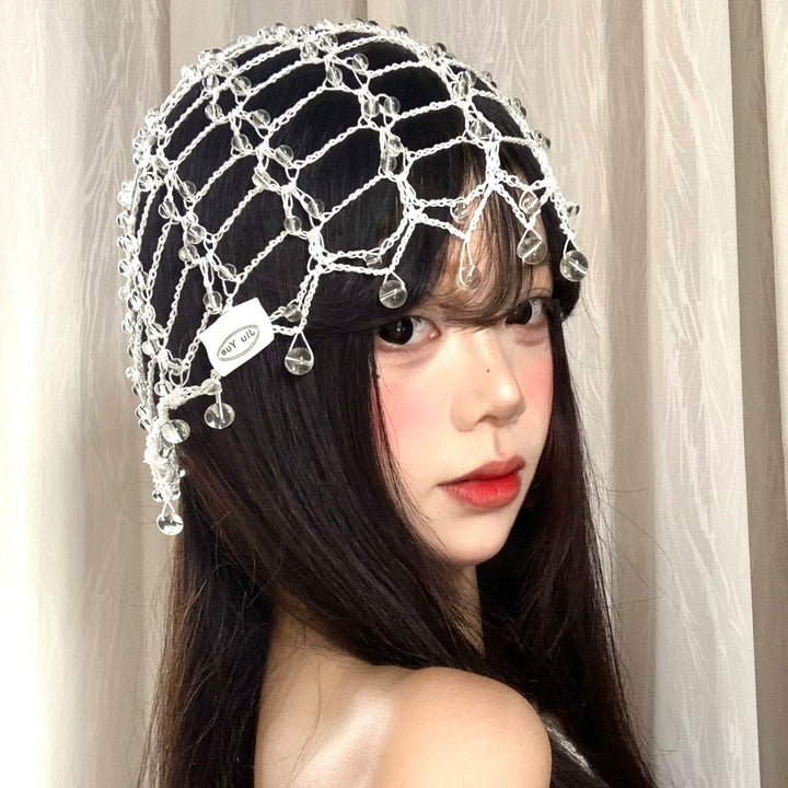 Openwork Beaded Crochet Headscarf Hat, product view 1