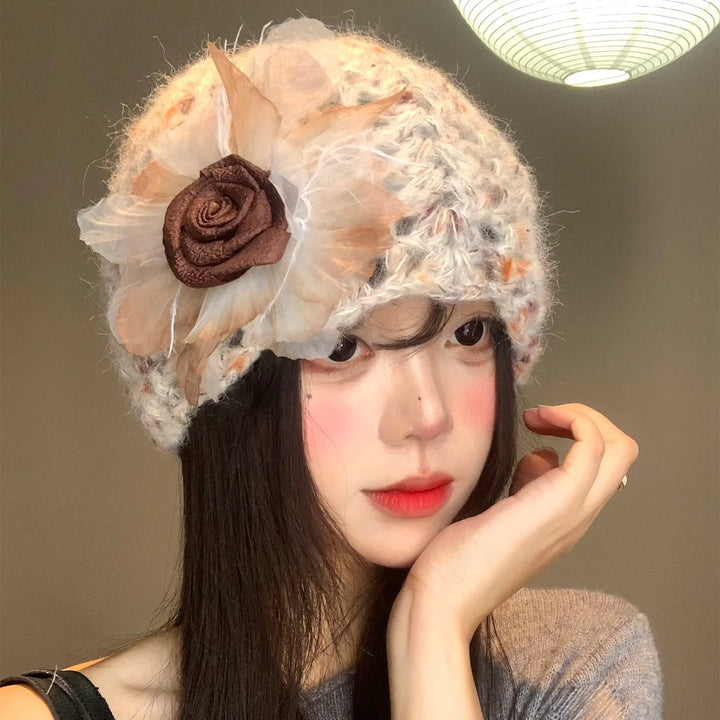 Orange 3D Floral Openwork Crochet Beanie, product view 1
