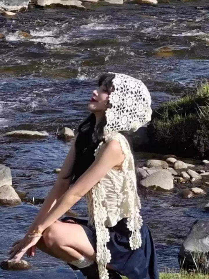 Ivory Lace Openwork Crochet Headscarf Hat, product view 7