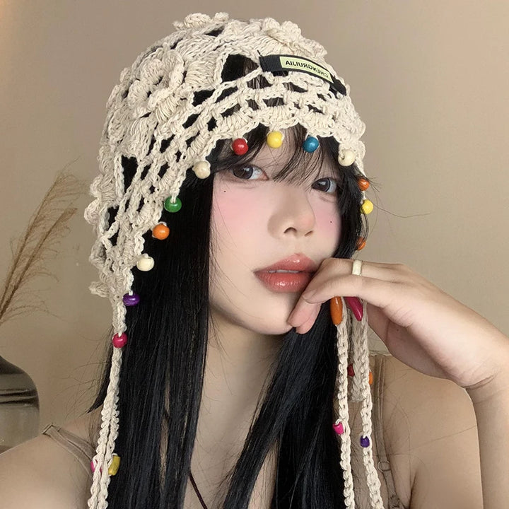 Ivory Multicolor Pearl Crochet Headscarf Hat, product view 1