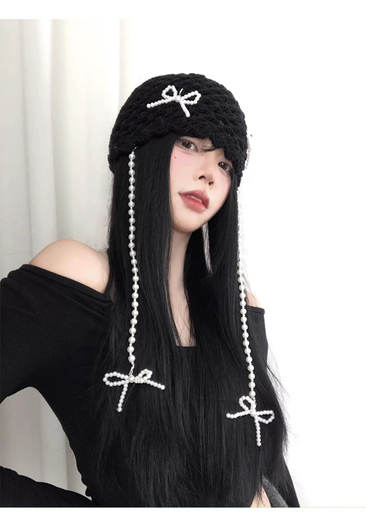 Black Pearl Chain Bow Crochet Headscarf Hat, product view 1
