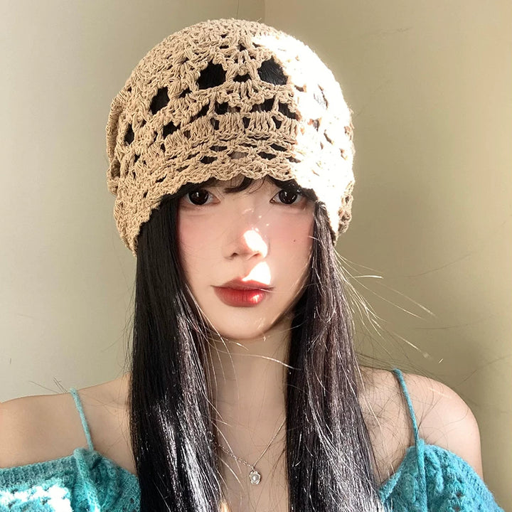 Khaki Openwork Crochet Headscarf Hat, product view 1