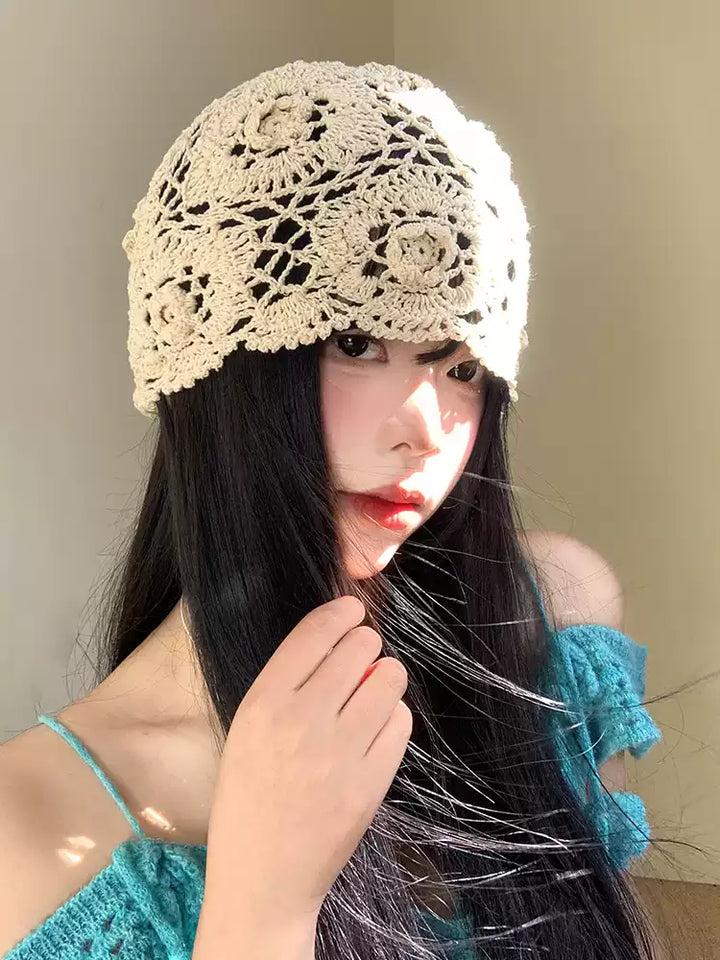 Ivory Floral Openwork Crochet Slouch Hat, product view 6