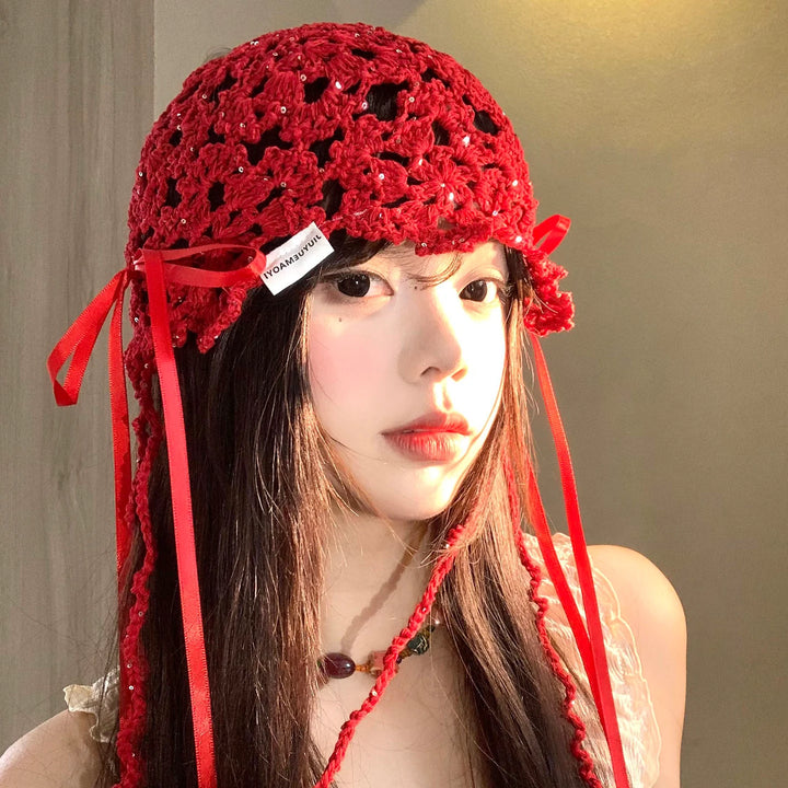 Red Bow Crochet Headscarf Hat, product view 1
