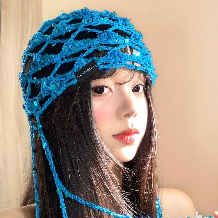 Blue Tassel Crochet Headscarf Hat, product view 1