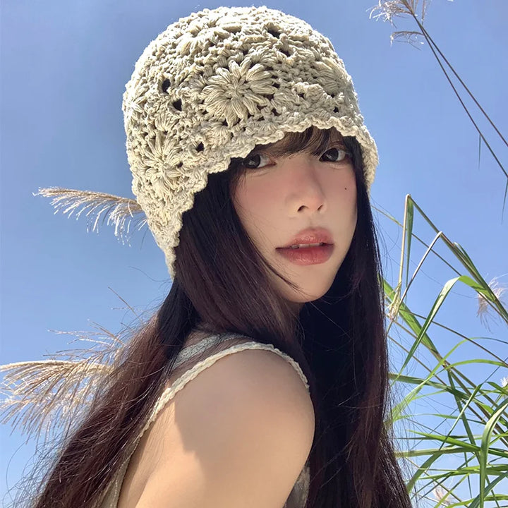 Ivory Openwork Crochet Headscarf Hat, product view 1