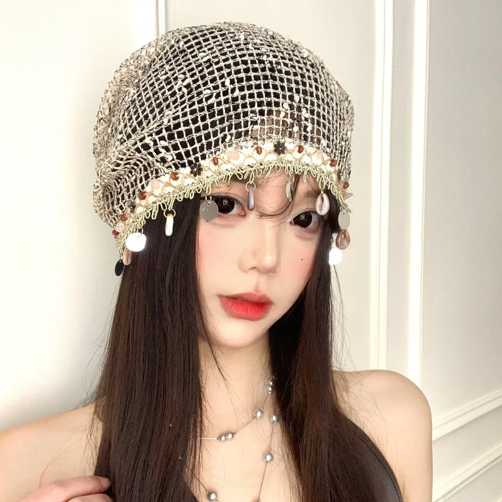 Shell Pendant Crochet Headscarf Hat, product view 1