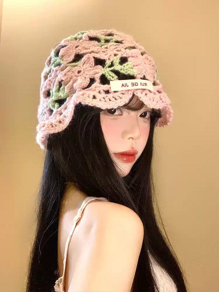 Pink Floral Openwork Crochet Bucket Hat, product view 9