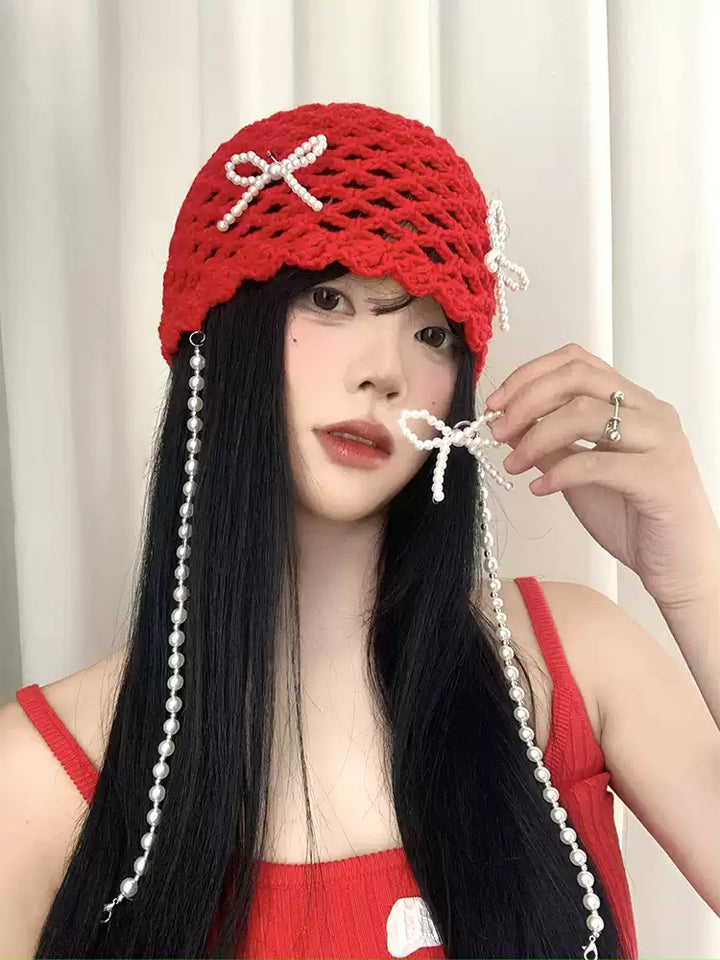 Red Pearl Chain Bow Crochet Headscarf Hat, product view 6