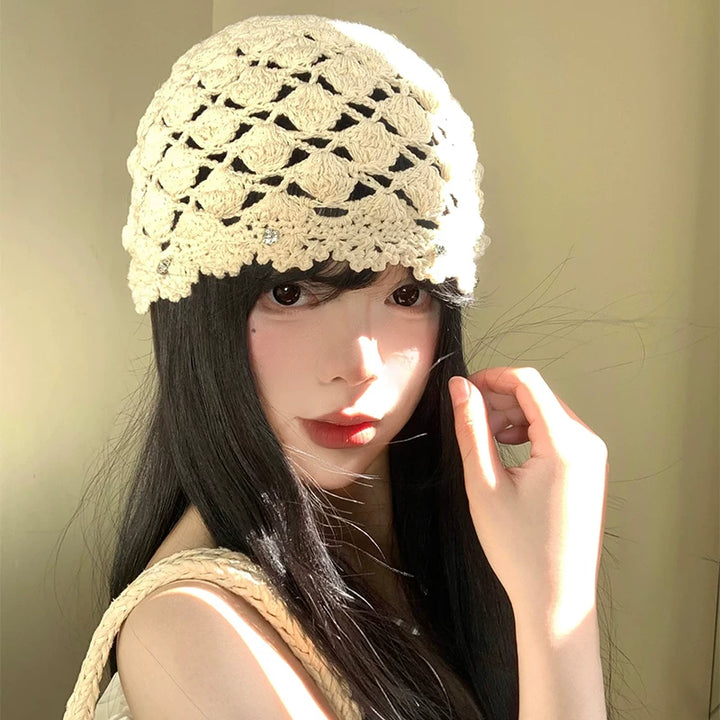 Ivory Openwork Crochet Slouch Hat, product view 1