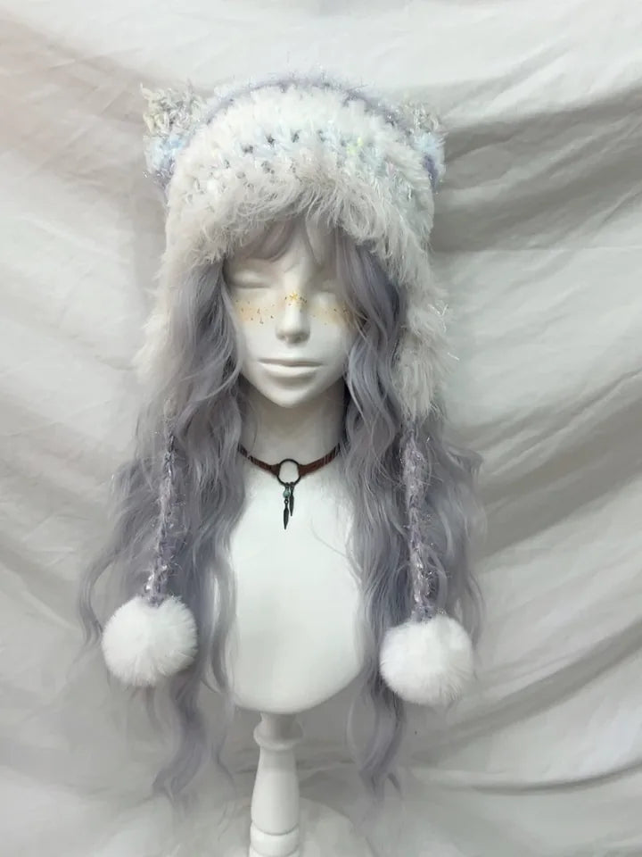 Cream & Ivory Classic Cat Ear Beanie, handmade crochet product view