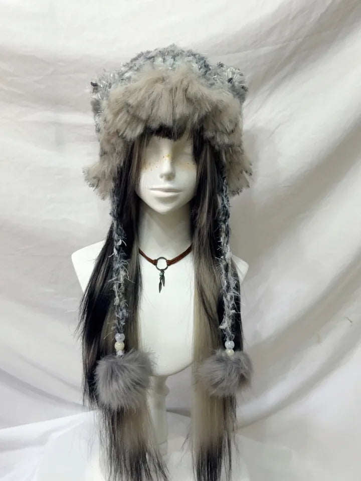 Taupe Chunky Cat Ear Beanie, handmade crochet product view