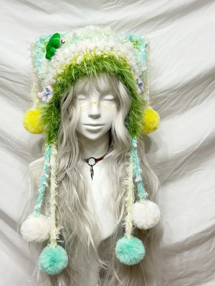 Sage Green & Yellow Jellyfish Hat, handmade crochet product view