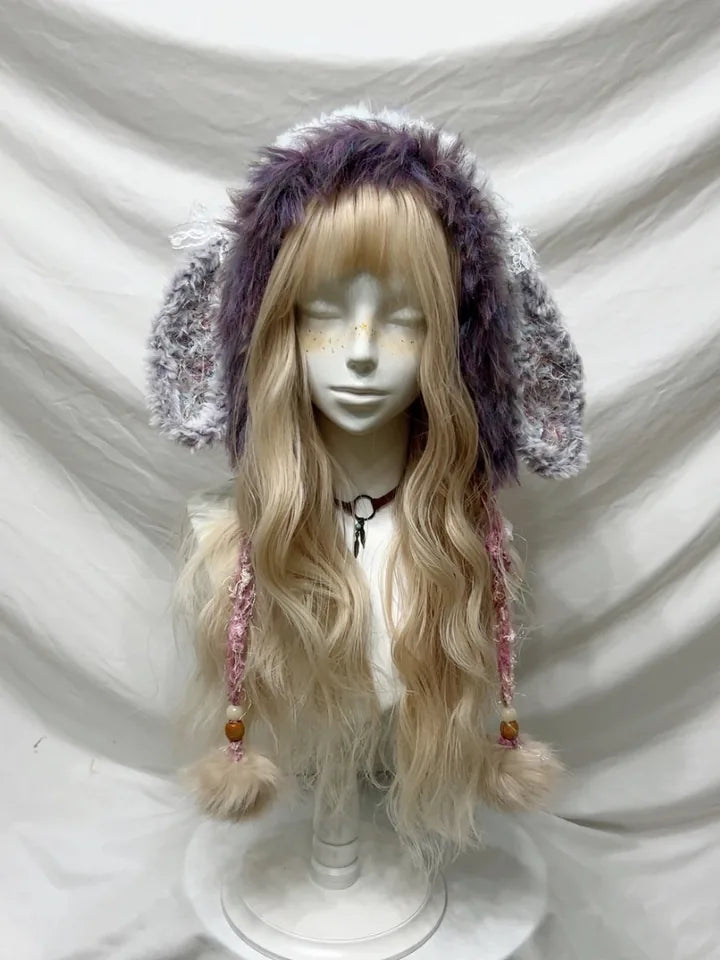 Purple & White Lop-Eared Bunny Hat, handmade crochet product view