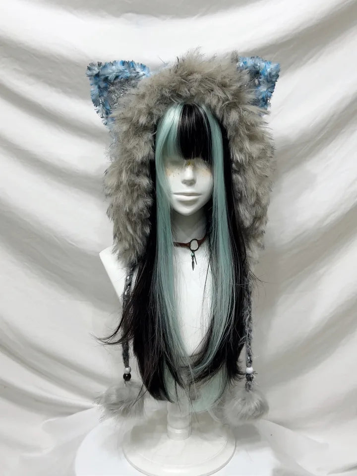 Teal & Mocha Chunky Fox Ear Beanie, handmade crochet product view