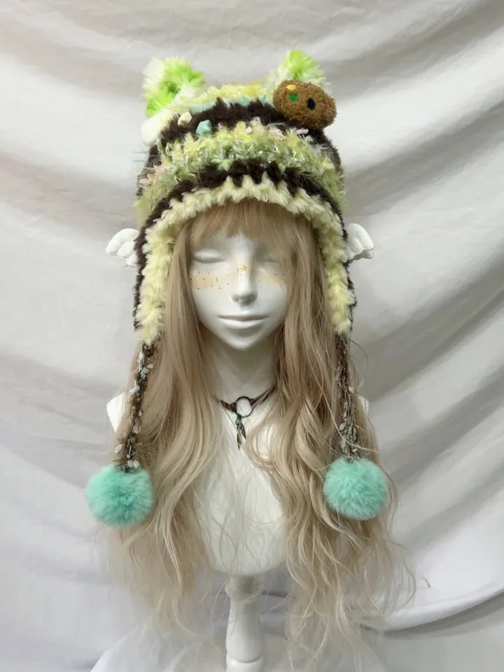 Teal & Black Flying Squirrel Ear Beanie, handmade crochet product view