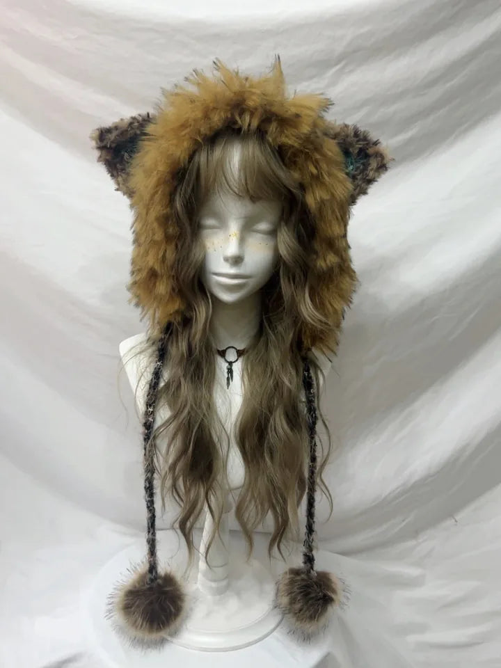 Brown Chunky Wolf Ear Beanie, handmade crochet product view