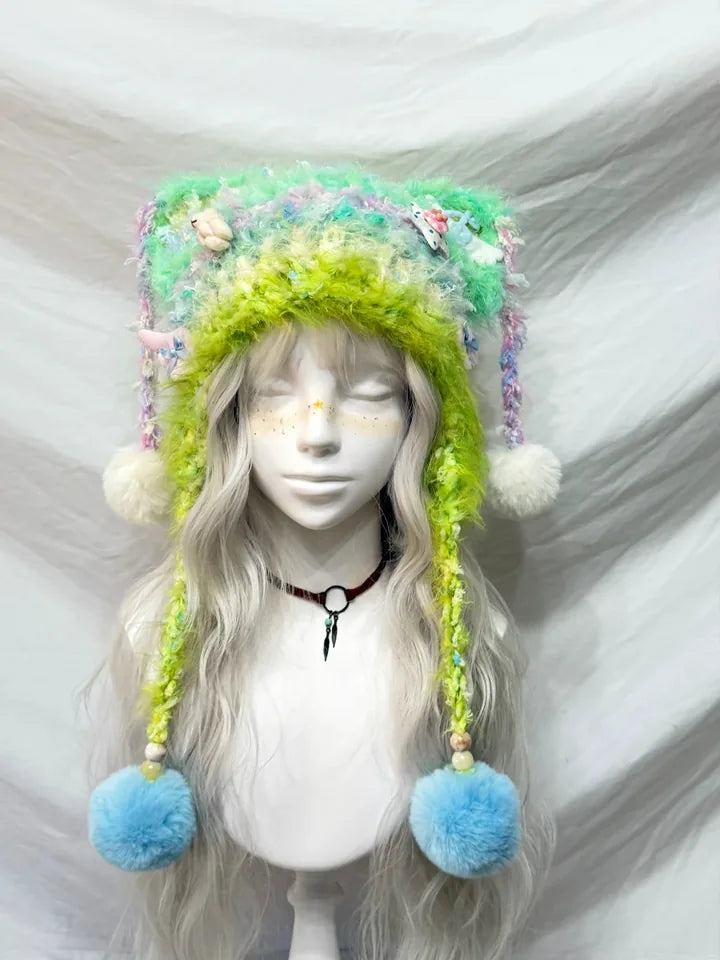 Lime Green Jester Hat, handmade crochet product view