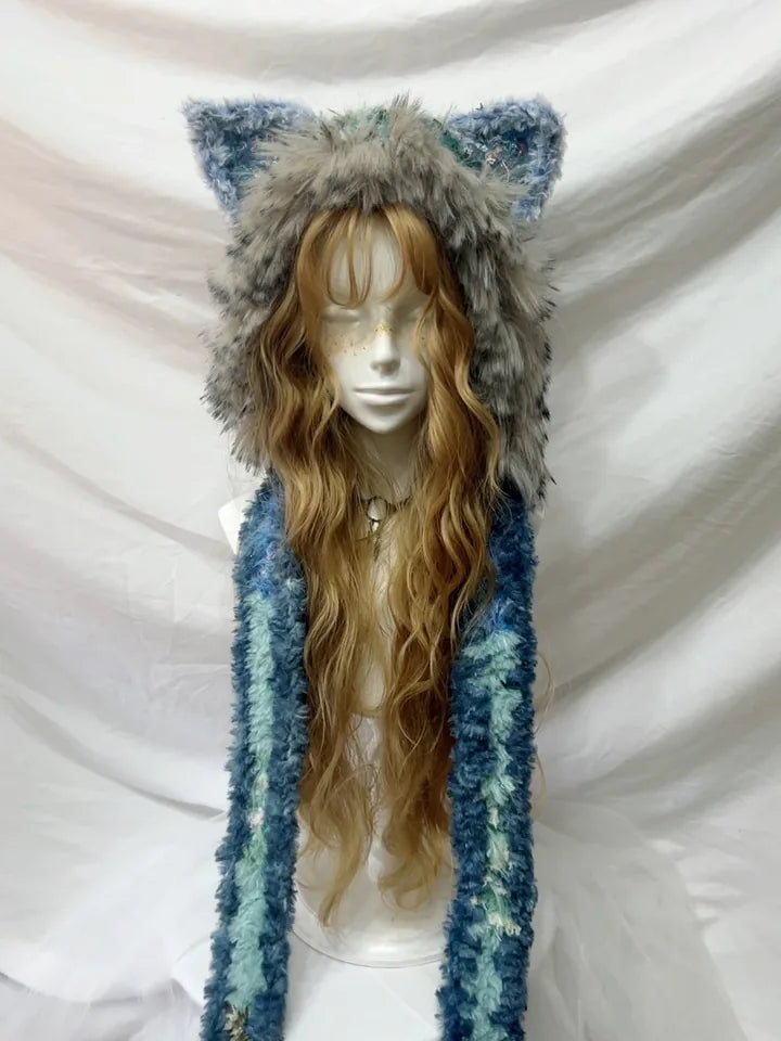 Lagoon Blue & Mocha Scarf Hat, handmade crochet product view