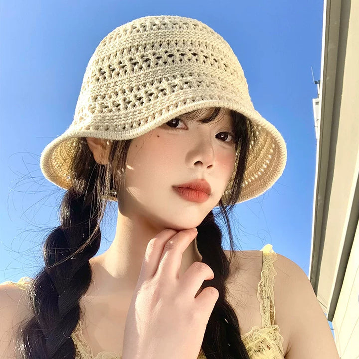 Apricot Openwork Crochet Bucket Hat, product view 1