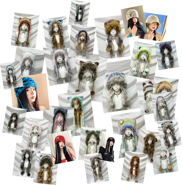 Example handmade styles from all collections, including light crochet. Three surprise hats per $200 box; colors and styles selected at random.